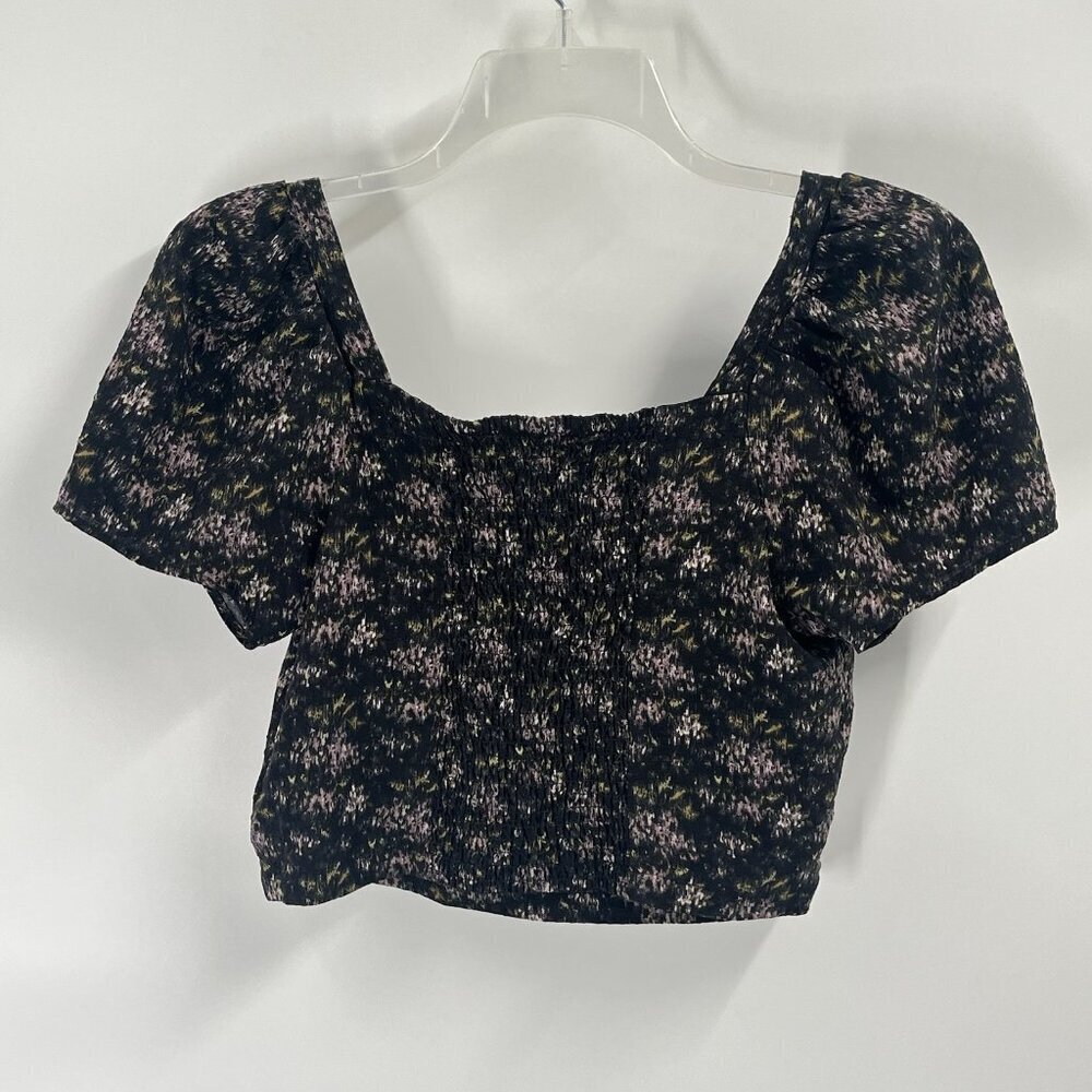 Madewell Black Floral Crop Top Cottagecore Sz Medium Short Sleeve Romantic Chic - Picture 5 of 5